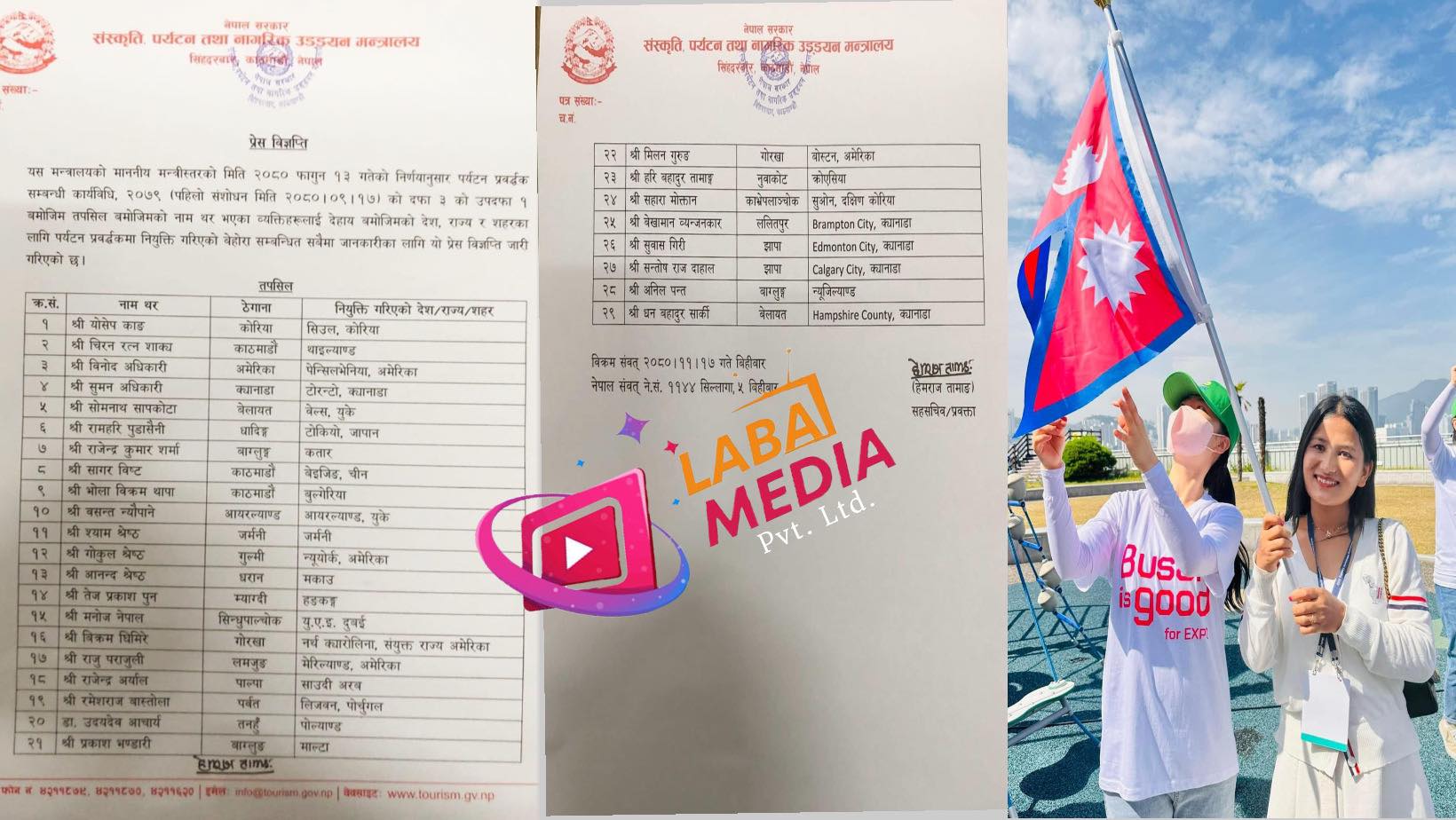 नेपाल सरकारद्धारा २९ जना पर्यटन प्रवर्दक नियुक्त, दक्षिण कोरियाको सउल र सुवन सहरको लागि काङ र मोक्तान नियुक्त